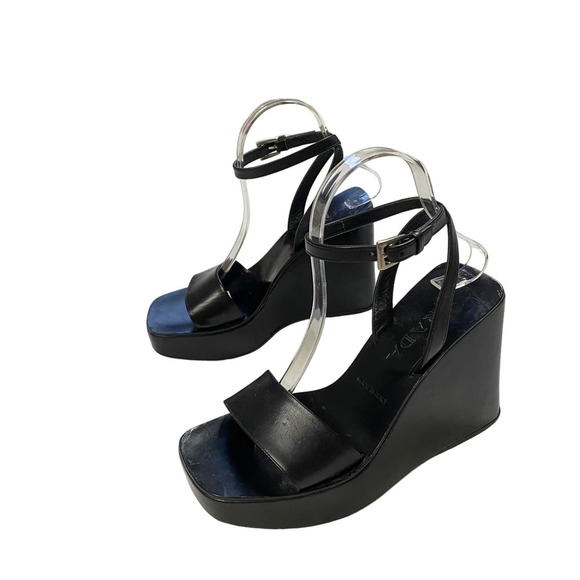 90s Prada Black Leather Platform Ankle Strap Heels - Picture 6 of 7